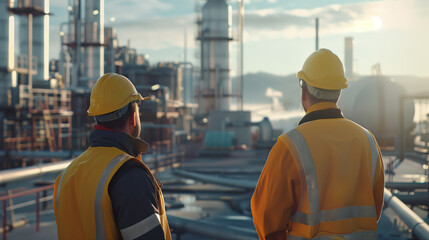 Two men in yellow protective vests and hard hats are standing looking at a large industrial enterprise