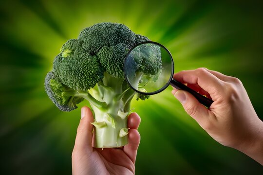 Close up of hand inspecting broccoli with magnifying glass, showcasing vibrant green color