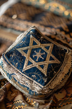 Jewish religious symbols - star of David, Torah hebrew, yarmulke - closeup

