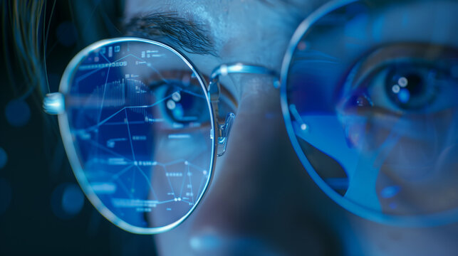 A digital linguist is a specialist in data processing in languages natural to algorithms and neural networks. Close-up of a man face with glasses