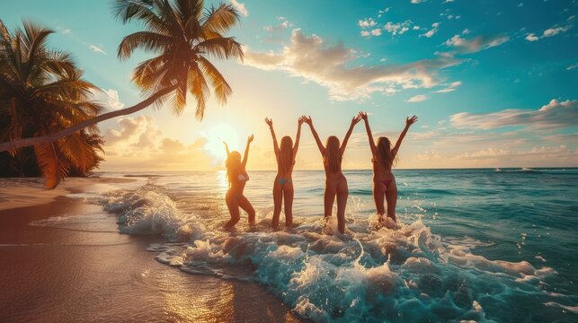The image features four friends giddily running into ocean waters, arms raised, against a stunning tropical sunset background