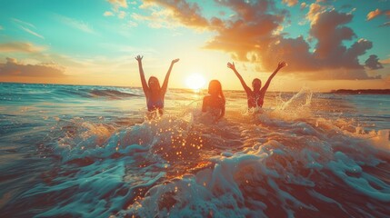 An energetic group of friends splashing water in the sea as the sun sets, creating a lively atmosphere - Powered by Adobe
