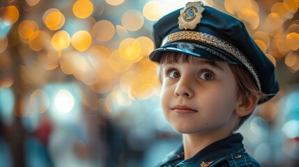 cute little boy in police suit on the street with blurred background in high resolution