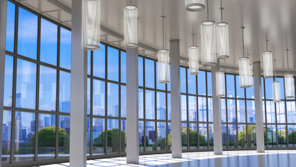 Interior of atrium in a mall, commercial, business center or exhibition with designer ceiling lighting, glass facade and city views. 3d illustration