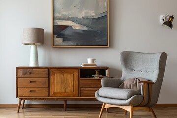 Home decor. Scandinavian living room interior with wooden commode, modern reading lamp and coffee cup on books close to art painting and chair. Design armchair, furniture for stylish apartment