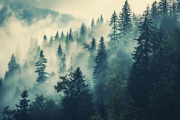 Misty landscape with fir forest in vintage retro  , AI generated