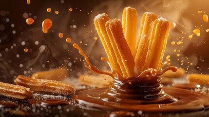 Craft an image of levitating churro sticks with dipping sauces swirling around them , high...