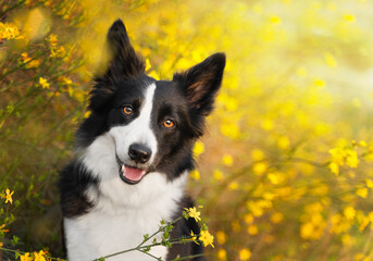 Portrait of a happy black and white border collie among yellow flowers in nature. Portrait of a dog...