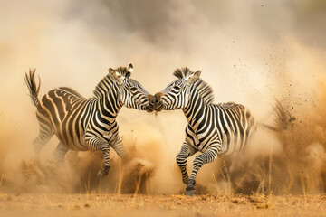 Fototapeta na wymiar Two zebras engage in a friendly bout of sparring.