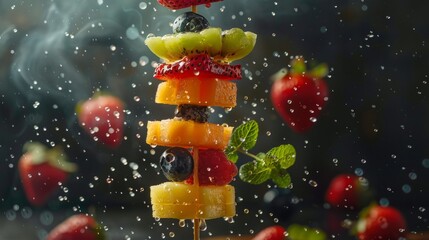 Craft an image of levitating fruitinfused water dispensers with slices of fruit swirling inside ,...