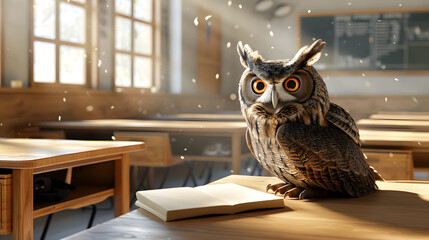 A wise old owl perched on the desk of an classroom. Teachers day. Back to school. Student day