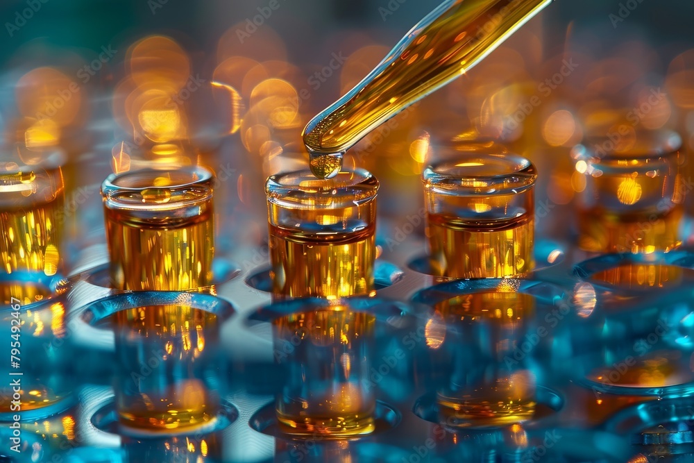 Poster golden liquid droplets from a pipette against a backdrop of vials creating a mesmerizing scientific 