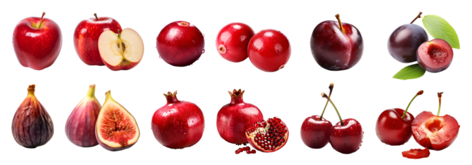 Collection of red purple maroon fruits, apple, cherry, cranberry, fig, plum, pomegranate on transparent background cutout, PNG file. Mockup template for artwork design