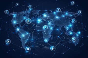 global blockchain idea, worldwide digital net of connections represented as thin glowing lines interconnectet to each other, on every point of connection set a little Bitcoin sign