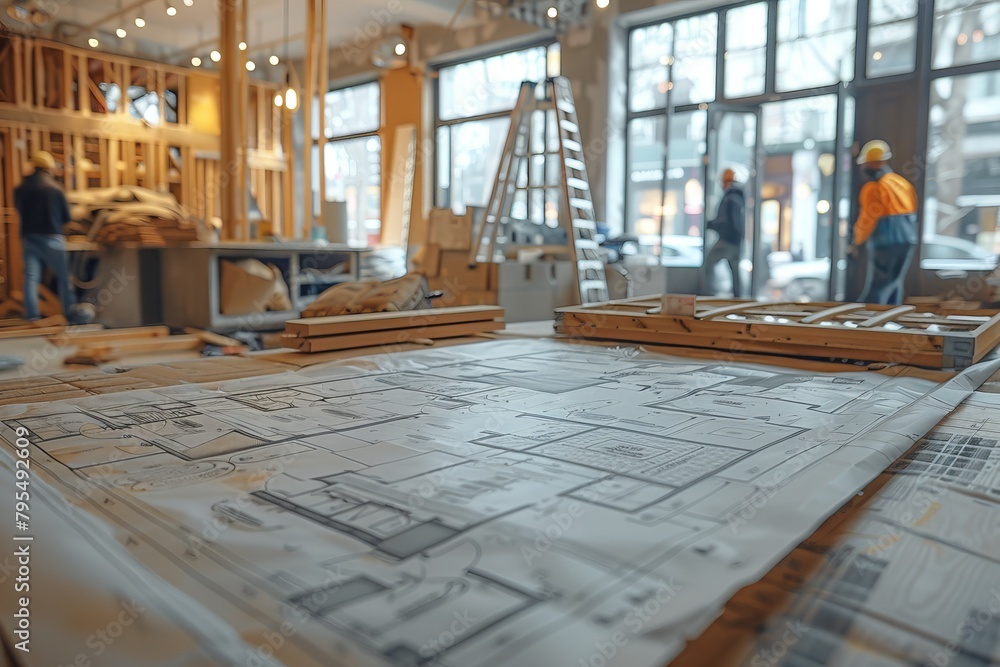Poster an inside look at a construction site with detailed architecture blueprints foreground, construction