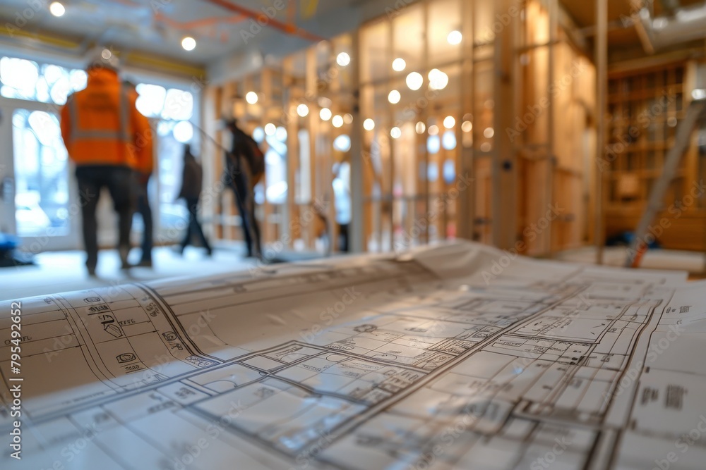 Poster construction blueprint in focus with workers in the background, highlighting the architect's draft i