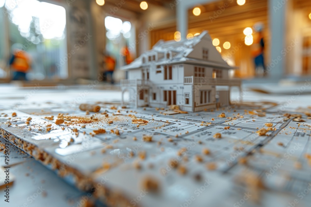 Poster close-up of a detailed architectural modeling on construction plans symbolizing project development 