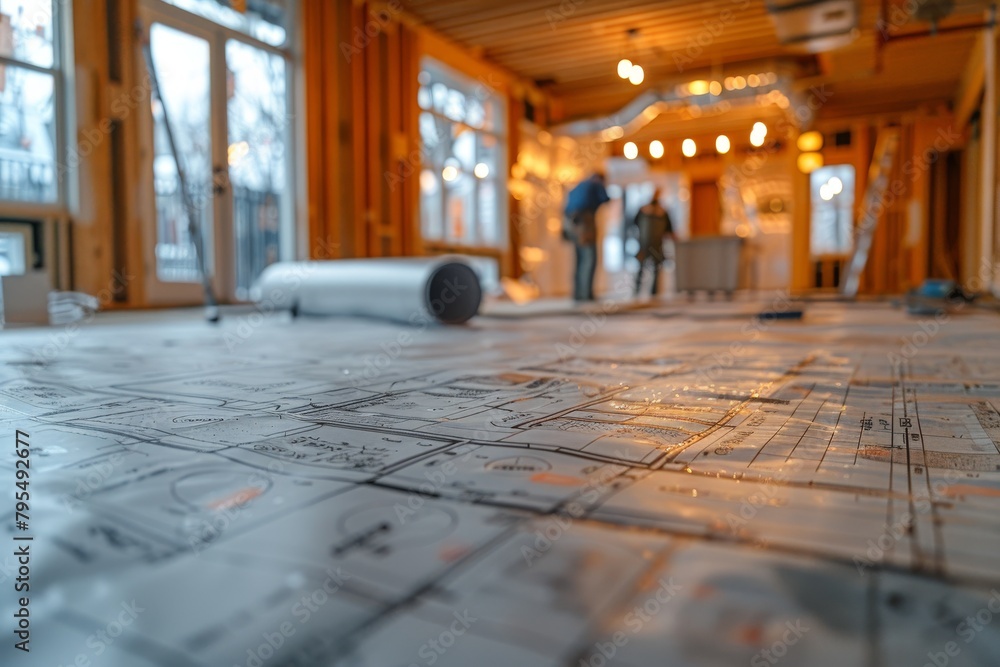 Poster rolled architectural blueprints on a site table with construction activity in the background, repres