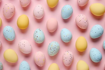 Colorful Easter eggs arranged in a playful pattern against a pastel backdrop