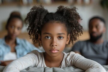 Obraz premium A young girl with a thoughtful expression and direct gaze towards the camera in a home environment