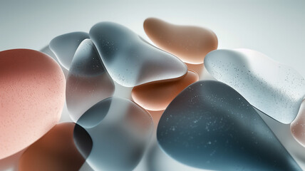 Abstract minimal organic shapes of translucent smooth round stones frosted glass texture muted color navy blues, gray, brown in style clean, minimal, modern background.