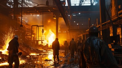 Workers in a steel mill melt and mold metal, the furnace glowing in the background