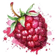 A vibrant watercolor raspberry bursts with color, its reds and pinks accented by splatters