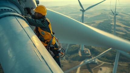 An expert technician in safety gear meticulously inspects a giant wind turbine part, against a rural setting