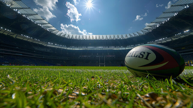 Game Day Energy: Rugby Ball on the Pitch in a Majestic Stadium