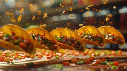 Envision a levitating taco bar with toppings floating above the taco shells , 8k