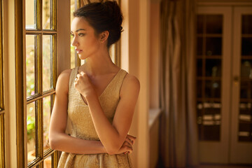 Fashion, window and woman in vintage home for gala event in style, classy outfit and formal...