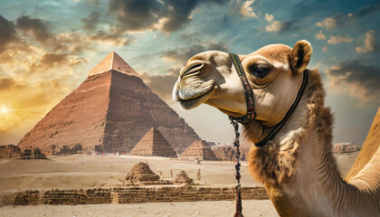 a camel poses against the backdrop of landmarks, the Egyptian pyramids in Giza. Travel postcard to...