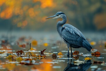 Naklejka premium The Great Blue Heron exudes calm as it stands in water with a backdrop of fiery autumn leaves and a subtle mist, evoking serenity