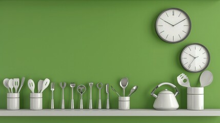 wall clock on green background with copy space in kitchen 
