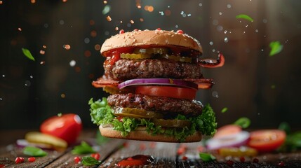 Show a levitating burger with each layer hovering effortlessly above the other , ultra HD