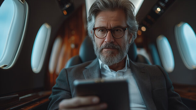 Senior business man is flying in a private jet to a business meeting.