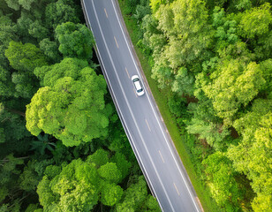Aerial view asphalt road and green forest, Forest road going through forest with car adventure view from above, Ecosystem and ecology healthy environment concepts