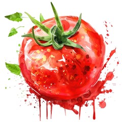 A watercolor tomato comes to life with vibrant reds and lively splashes