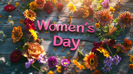 
 Vibrant flowers spell out "Women's Day" on a rustic wooden table, bathed in soft sunlight, symbolizing the beauty and strength of women worldwide, captured in HD clarity.