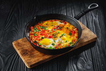 pan of delicious traditional israeli shakshuka on black wooden rustic background