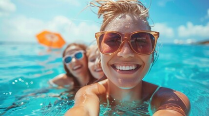 Fototapeta premium Playful underwater selfie featuring friends at a tropical location, symbolizing adventure, connection, and aquatic leisure