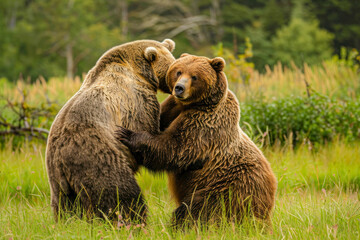 Two grizzly bears playfully frolic in a lush meadow.