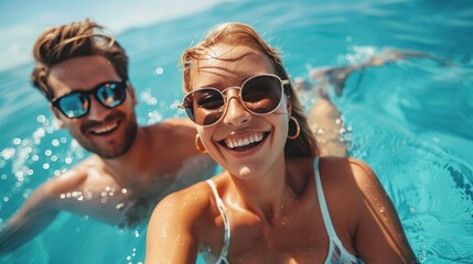 The image showcases a close-up selfie of a smiling couple with sunglasses and clear blue water behind them