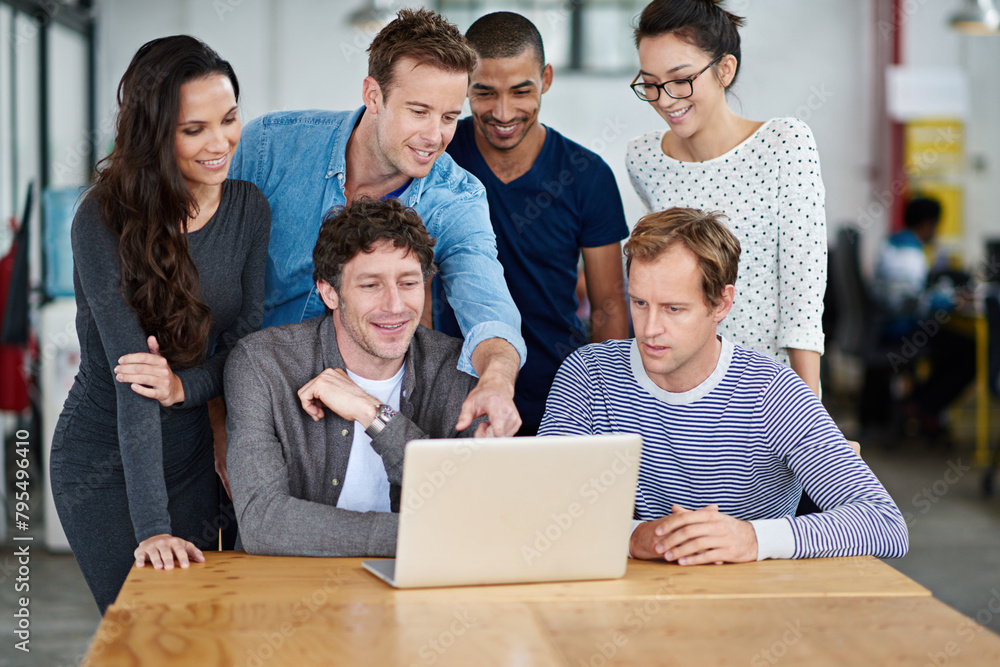 Aufkleber people, office and team with laptop, smile and collaboration in company with happy. web design, webs