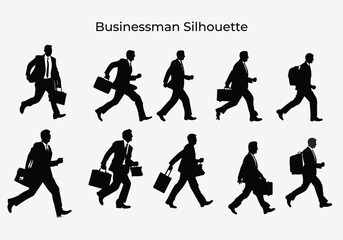 Businessman wearing suit with a bag running silhouette isolate in  white Background Vector illustration.