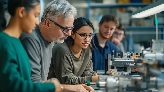 Diverse team collaborates on a project in an industrial engineering environment