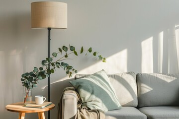 Vertical shot of soft modular couch, floor standing lamp, side table, green eucalyptus in vase and coffee cup in living room. Aesthetic composition of classic interior at cozy house