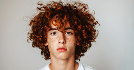 A man with curly red hair is standing in front of a white wall. He has a serious expression on his face. A subtly absurd and hilarious photo white male with curly hair