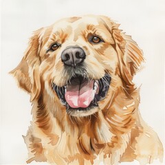 Watercolor portrait of a smiling Golden Retriever, clean white background