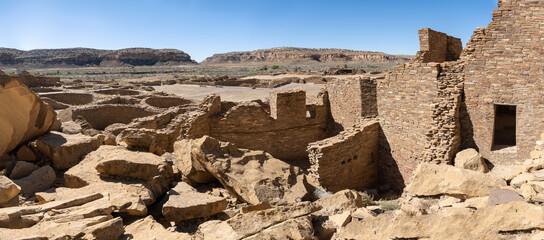Pueblo Bonito, the largest and best-known great house in Chaco Culture National Historical Park in...